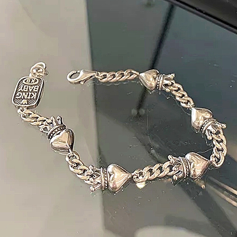 Crown Heart Sterling Silver Chain Link Bracelet Unisex - Picture 9 of 9